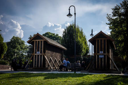 Trzebnica, Poland - August 29, 2021: Patients relaxing at a graduation tower.のeditorial素材