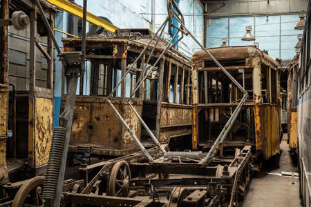 Wroclaw, Poland - September 19, 2021:
Old, rusted trams in depot.のeditorial素材