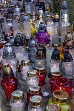 Memorial candle lights burning at the cemetery.の写真素材