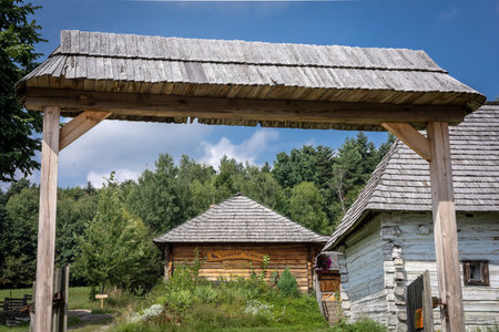 Kakonin, Poland - July 28, 2021:Â  Chata Kaka restaurant, located in a historical wooden cottage in Swietokrzyskie Mountains. Sunny summer day, no people.のeditorial素材