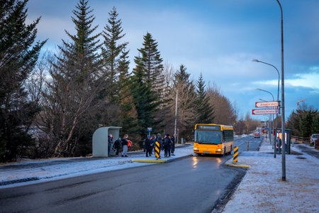 Reykjavik, Iceland - January 20, 2022: A group of school kids getting on the bus on the bus stop....