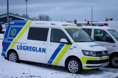 Reykjavik, Iceland - January 25, 2022: An icelandic Volkswagen Transporter police car at the outdoor...