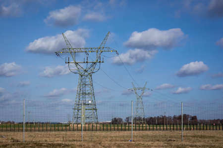 Wroclaw, Poland - February 19, 2022: High voltage line in Wroclaw suburbs.のeditorial素材