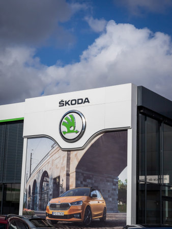 Wroclaw, Poland - February 19, 2022: Company store building with an emblem of Skoda Auto, Czech...