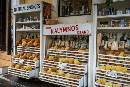 Rhodes, Greece - May 27, 2023: A gift shop with natural greek sponges from Kalymnos.のeditorial素材