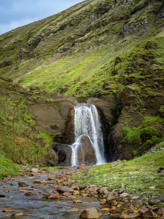 Helgufoss waterfall in Iceland. No people, summer day.の写真素材