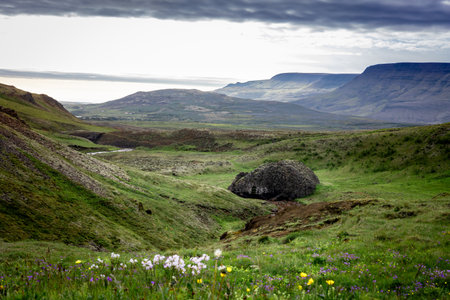 Landscape in summertime in Iceland, Helgufoss area. Green hills, big grey rock in the foreground.の写真素材