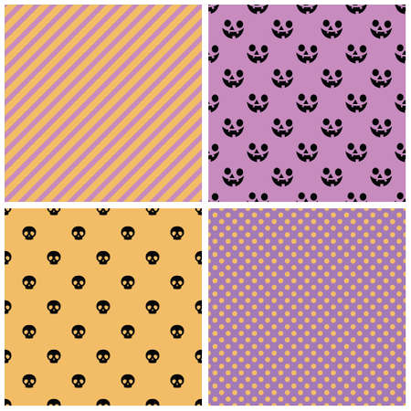 Four seamless vector repeat patterns for Halloween, pattern collection with purple and orange colors, four pattern backgrounds with skulls and pumpkins.のイラスト素材