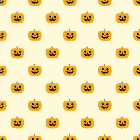 Happy pumpkins seamless repeat pattern for Halloween. Halloween cute and simple pattern background. Orange happy pumpkins on a pastel background.のイラスト素材