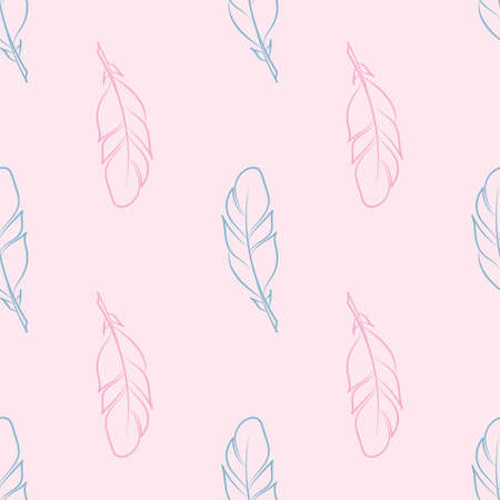 Simple cute line art pastel feathers seamless repeat pattern design, pink and blue feathers, geometric layout.のイラスト素材