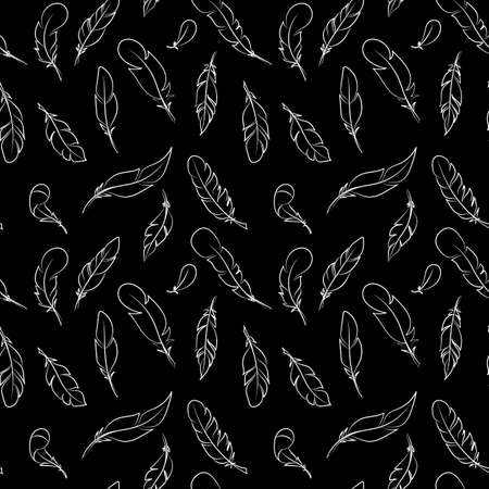 Black and white line art feathers seamless repeat pattern vector background, hand drawn elegant feather elements on dark background.のイラスト素材
