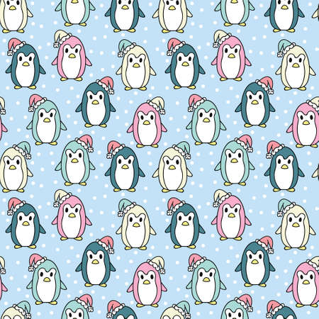 Cute penguins, cartoon repeat pattern Christmas design, vector background. Cute colorful and simple animal winter pattern.のイラスト素材