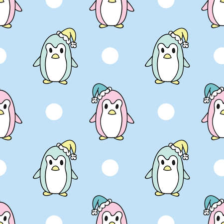 Cute penguins, cartoon repeat pattern Christmas design, vector background. Cute colorful and simple animal winter pattern.のイラスト素材