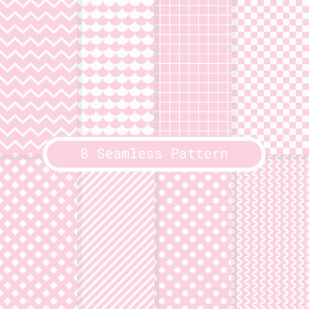8 seamless patterns pink and white pattern set, pattern pack. Geometric patterns.のイラスト素材