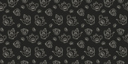 Teapots seamless repeat pattern design, background. Black tea, green tea, morning tea.のイラスト素材