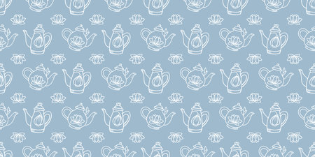 Teapot seamless repeat pattern background. Floral teapots, tea pattern seamless vector repeat. Blue and white.のイラスト素材