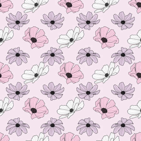 Garden cosmos flower repeat pattern, vector floral background, spring pattern, cute pastel flower design.のイラスト素材