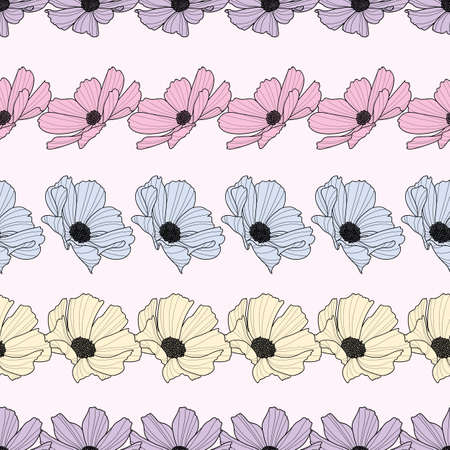Garden cosmos flower repeat pattern, vector floral background, spring pattern, cute pastel flower design.のイラスト素材