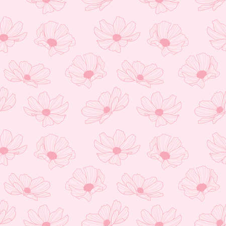 Garden cosmos flower repeat pattern, vector floral background, spring pattern, cute pastel flower design.のイラスト素材