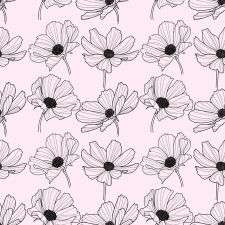 Garden cosmos flower repeat pattern, vector floral background, spring pattern, cute pastel flower design.のイラスト素材
