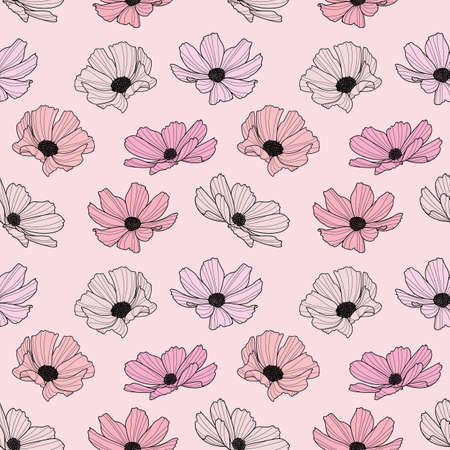 Garden cosmos flower repeat pattern, vector floral background, spring pattern, cute pastel flower design.のイラスト素材