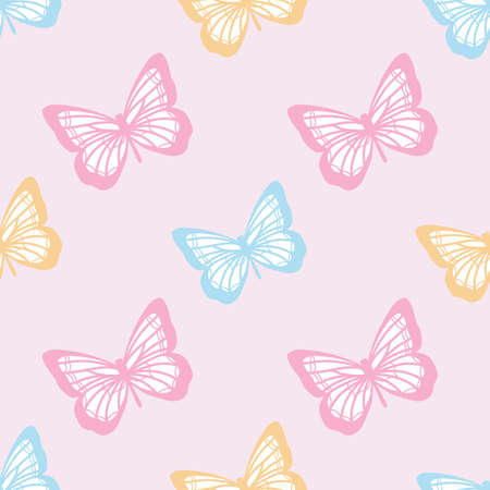 Vector butterfly seamless repeat pattern design background. Random colorful butterfly silhouette, cute girly pastel pattern.のイラスト素材