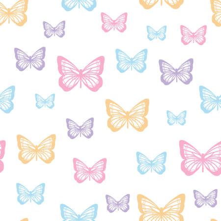 Vector butterfly seamless repeat pattern design background. Random colorful butterfly silhouette, cute girly pastel pattern.のイラスト素材