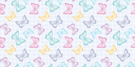 Pastel butterfly seamless repeat pattern design, cute butterfly vector wallpaper. Girly spring pattern background.のイラスト素材