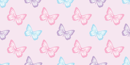 Pastel butterfly seamless repeat pattern design, cute butterfly vector wallpaper. Girly spring pattern background.のイラスト素材