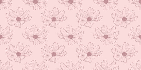 Garden cosmos flower seamless repeat pattern background, vector wallpaper. Floral spring pattern. Girly pattern.のイラスト素材