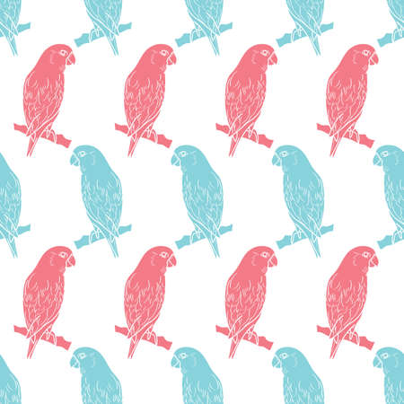 Bird vector background, parrot repeat pattern design, pink and blue summer pattern with birdsのイラスト素材