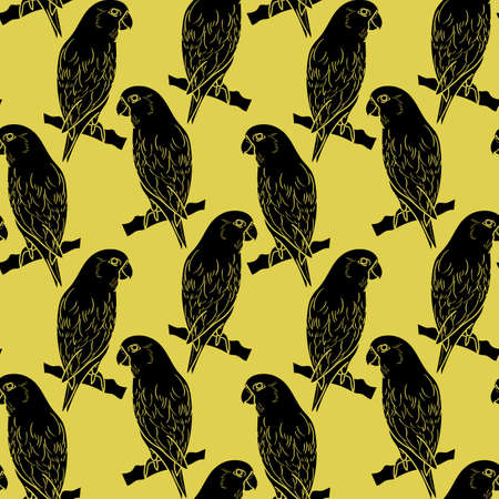 Bird vector background, parrot repeat pattern design, black and yellow bird patternのイラスト素材