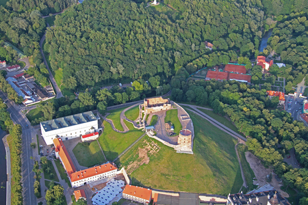 Aerial view of remaining Gediminas Tower of upper castle is the symbol of the city of Vilnius; Lithuania (Europe)のeditorial素材