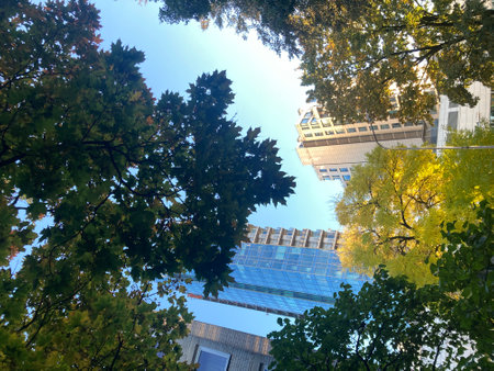 new modern buildings in Vilnius and yellow trees in autumn timeの写真素材
