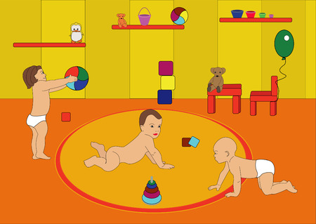 children and baby play a kindergarten,in a children's roomのイラスト素材