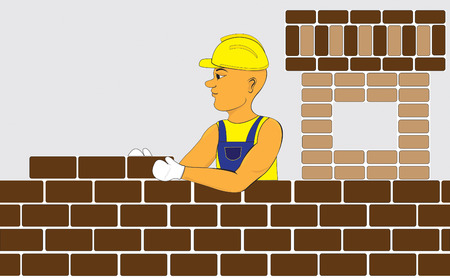 builder; man; building; bricks; laying; house; working; helmet; illustrations; vectors; horizontal; picture,person,のイラスト素材