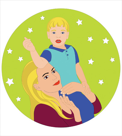 Young and beautiful mum holds the son on shouldersのイラスト素材