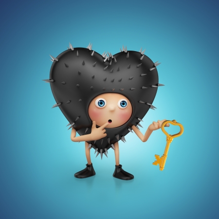 Funny prickly Valentine heart cartoon holding keyの写真素材
