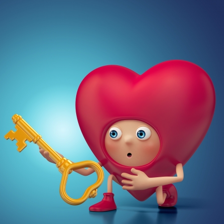 Funny Valentine heart cartoon holding keyの写真素材