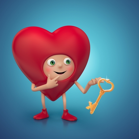 funny Valentine heart cartoon holding golden keyの写真素材