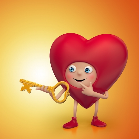 red Valentine heart cartoon holding golden keyの写真素材