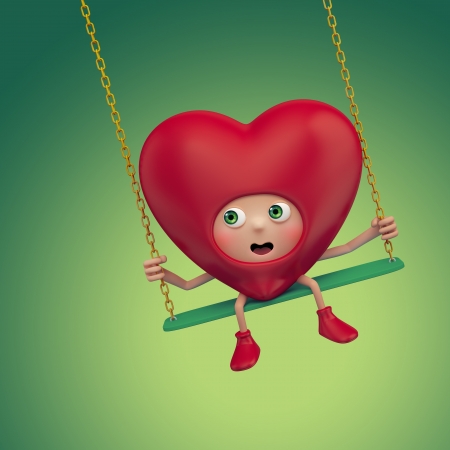 Funny Valentine red heart cartoon on swingの写真素材