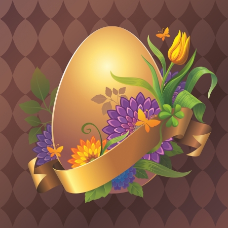 Abstract vintage golden egg floral banner with gold ribbon tag の写真素材
