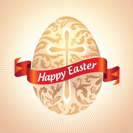 vector ornate Easter egg with greeting on red ribbonの写真素材