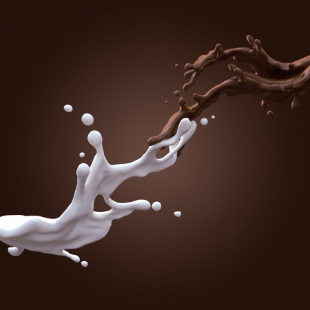 collision of liquid chocolate and milk splashの写真素材