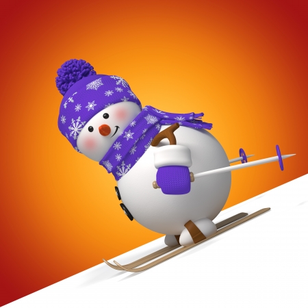 3d Christmas cartoon character, skiing snowmanの写真素材