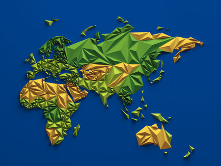 3d abstract colorful faceted map, global geographic background, Eurasia Australia and Africaの写真素材