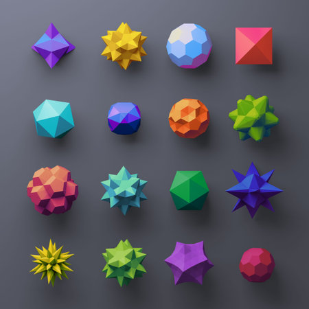 3d mixed geometrical complex faceted shapes, colorful objects