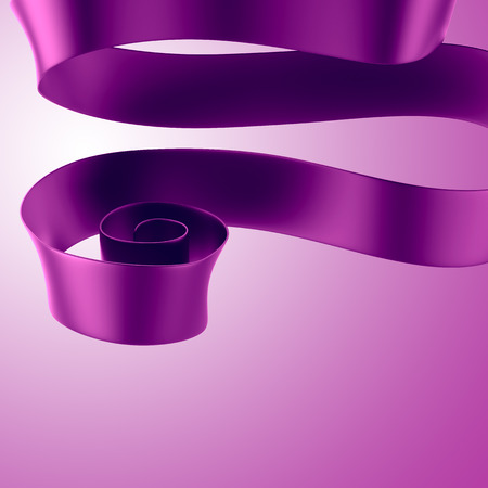 3d abstract purple ribbon, yellow curled commercial message bannerの写真素材