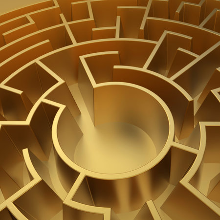 3d abstract round labyrinth, golden maze backgroundの写真素材